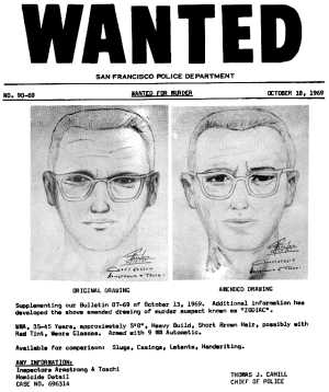 Wanted poster showing two artist sketches of a murder suspect