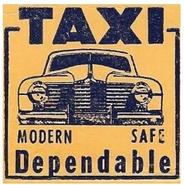 A taxi ad on a matchbook cover proclaims the service to be modern, safe and dependable