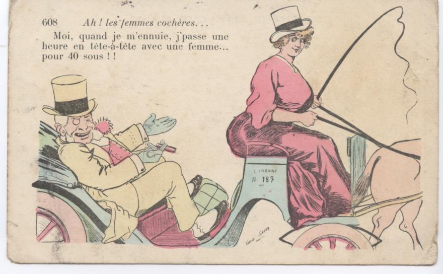 Postcard illustration of a male passenger and a lady horse cab driver