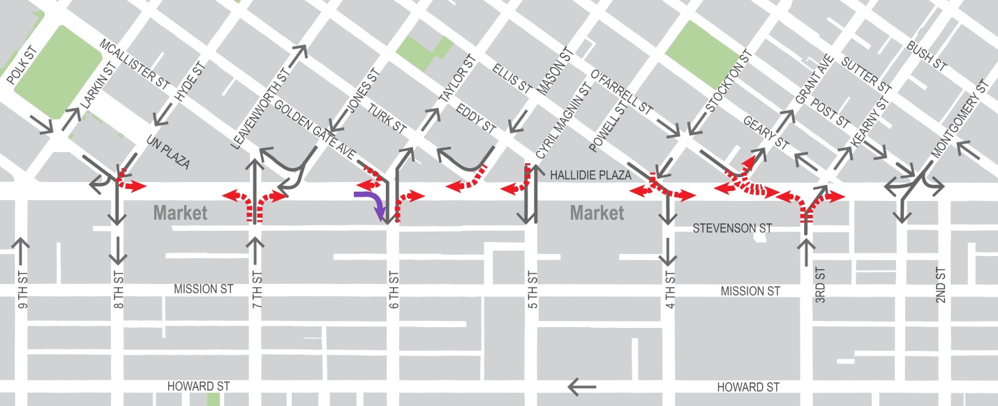 Map of Safer Market Street shows turn restrictions at intersections