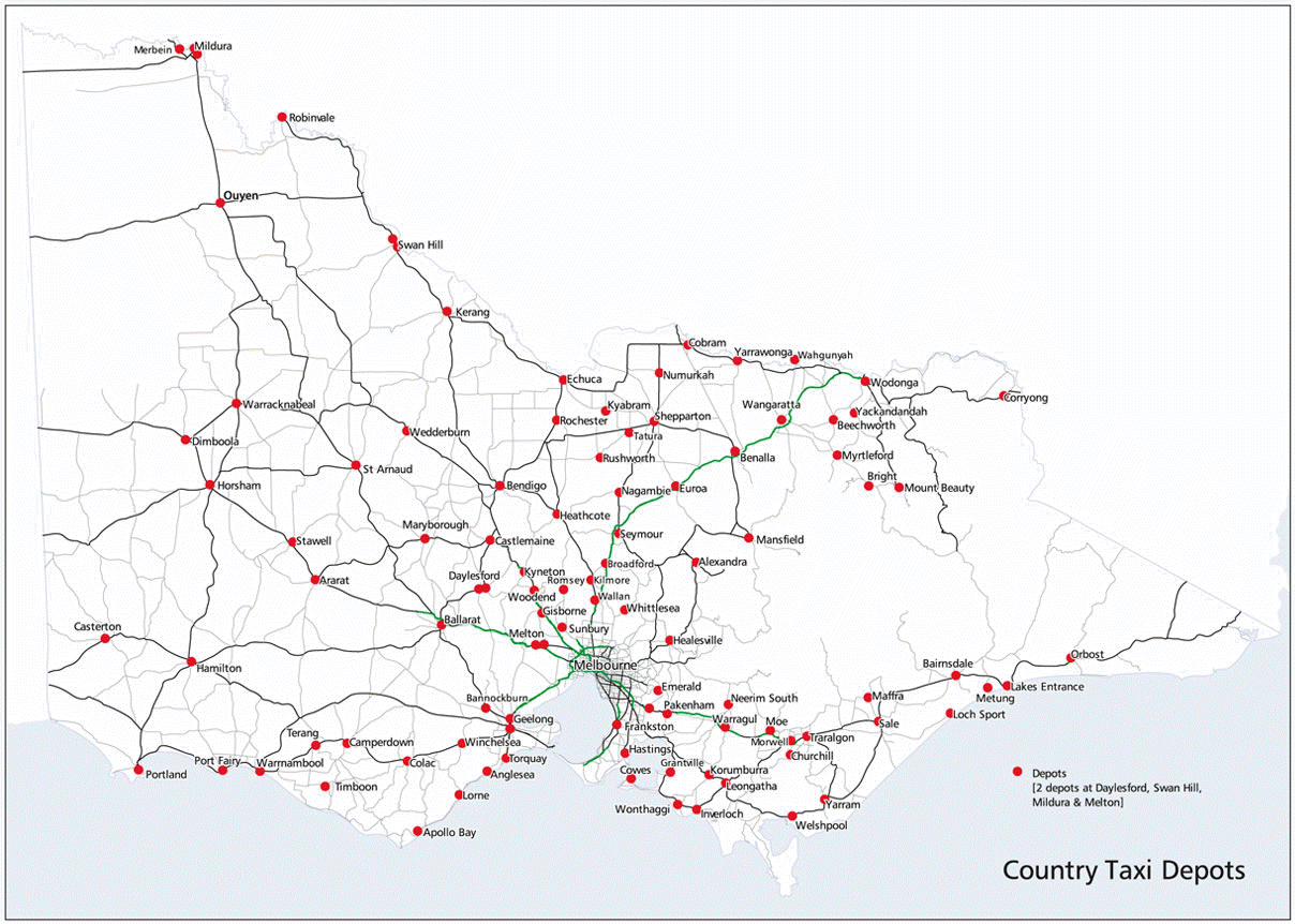 Country taxi depots in the area around Melbourne