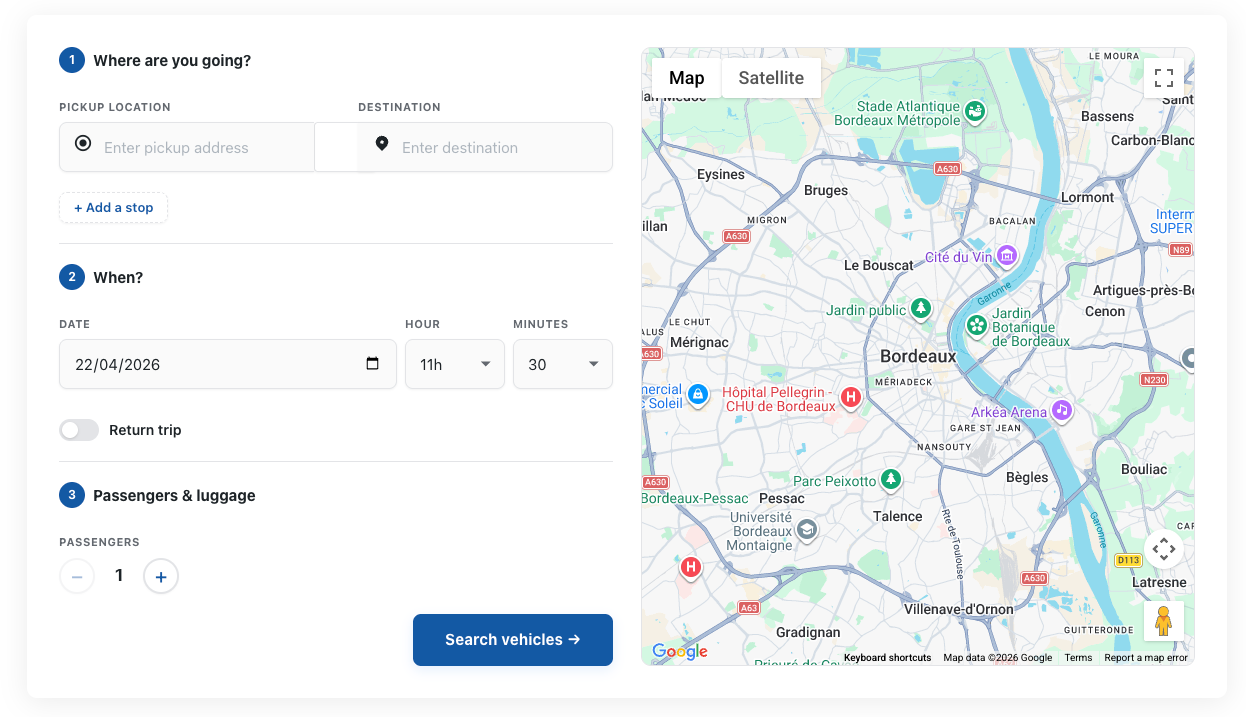 View of a web page for ordering a ride