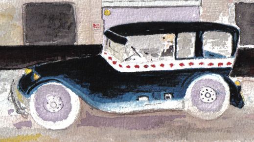 Colorful graphic of a Winnipeg taxicab: Diamond Taxi, water colour by Randall Dyck