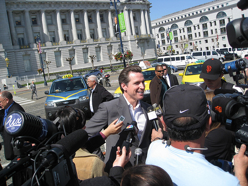 Mayor Gavin Newsom at a press conference in front of SF City Hall