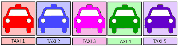 Five numbered taxis in a row with different colors...hmm